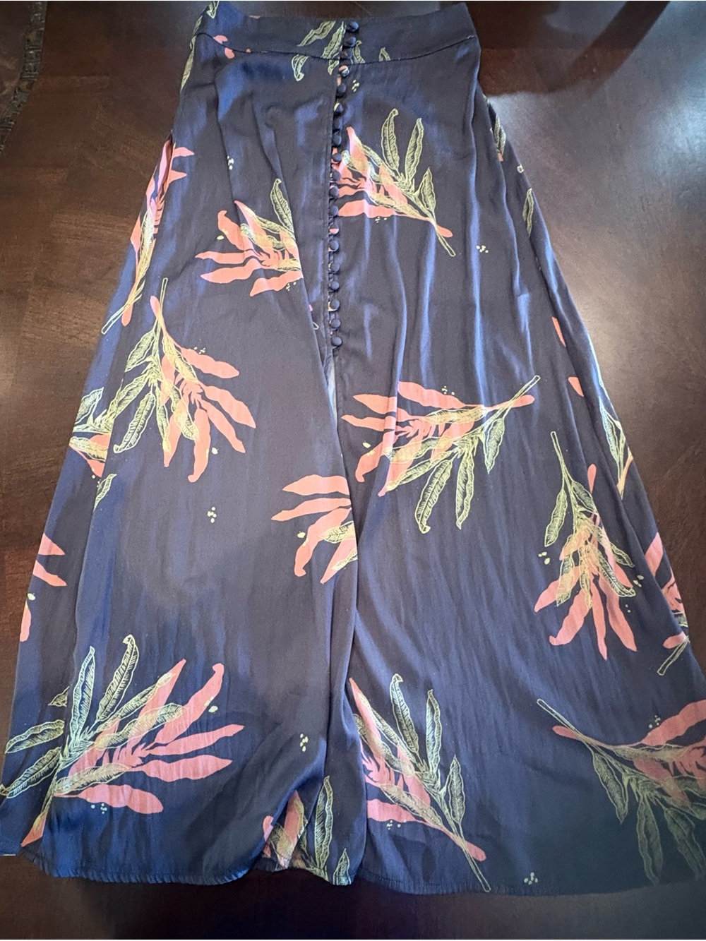Free People Dark Grey Maxi Skirt with Pinkish Orange and Light Green Leaf Print
